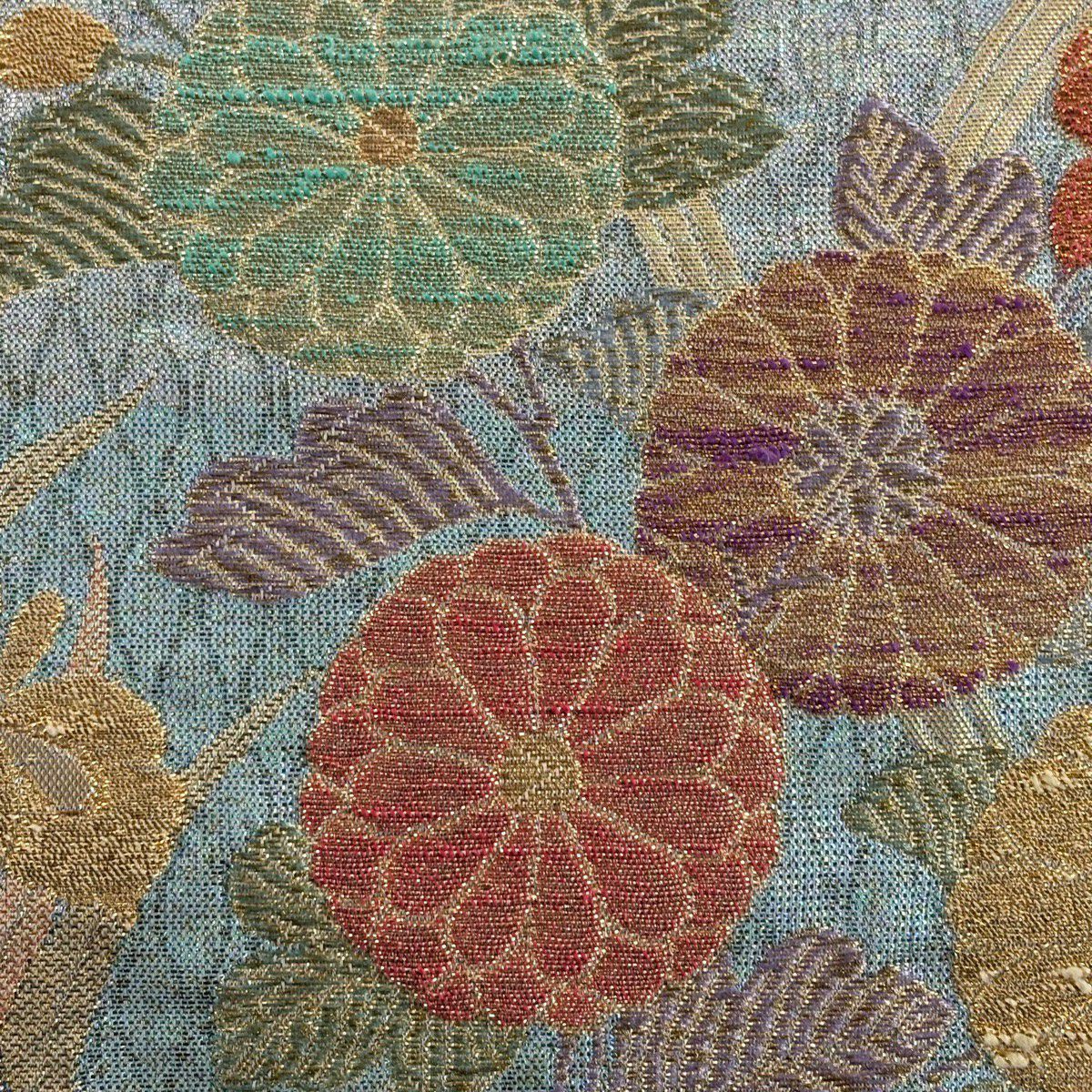 【美品】 袋帶 逸品級 草花紋紋 立涌 金絲 金金箔 淺綠 六通 純蠶絲