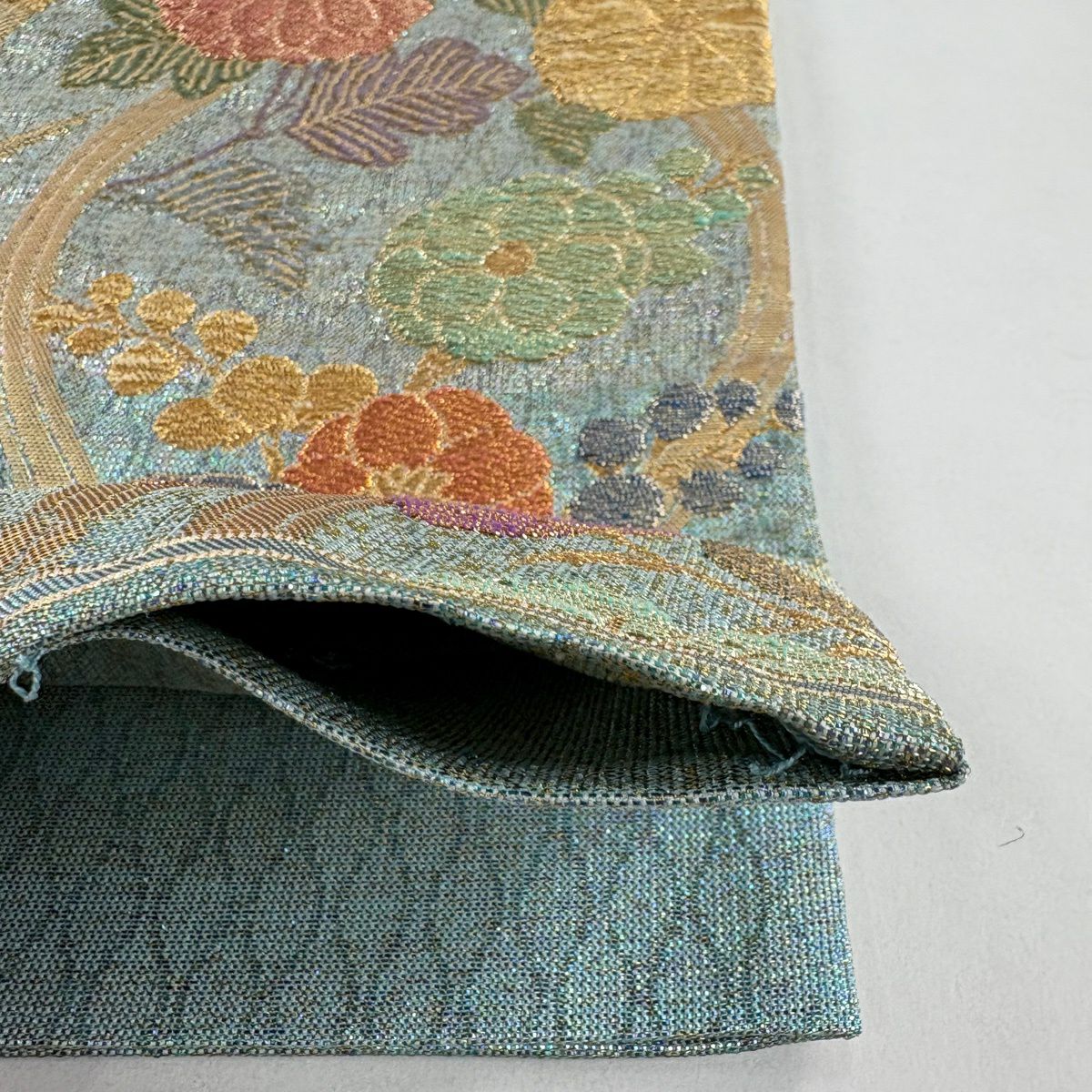 【美品】 袋帶 逸品級 草花紋紋 立涌 金絲 金金箔 淺綠 六通 純蠶絲