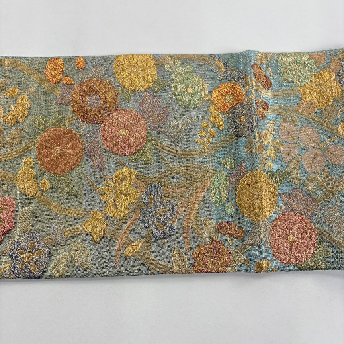 【美品】 袋帶 逸品級 草花紋紋 立涌 金絲 金金箔 淺綠 六通 純蠶絲