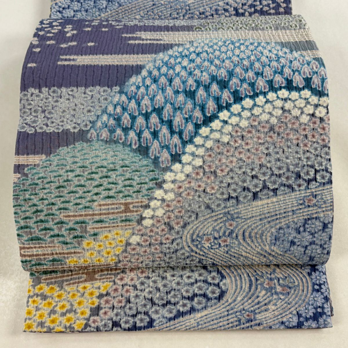 【美品】 袋帶 逸品級 山並 流水 紫 全通 純蠶絲