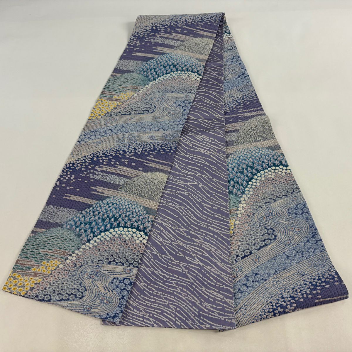 【美品】 袋帶 逸品級 山並 流水 紫 全通 純蠶絲
