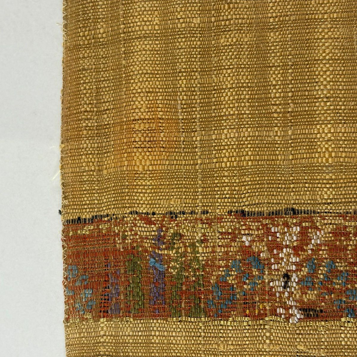 袋帶 逸品級 渡文 落款あり 科普特圖案 金絲 銀通 山吹 深黃 細帶圖案 純蠶絲