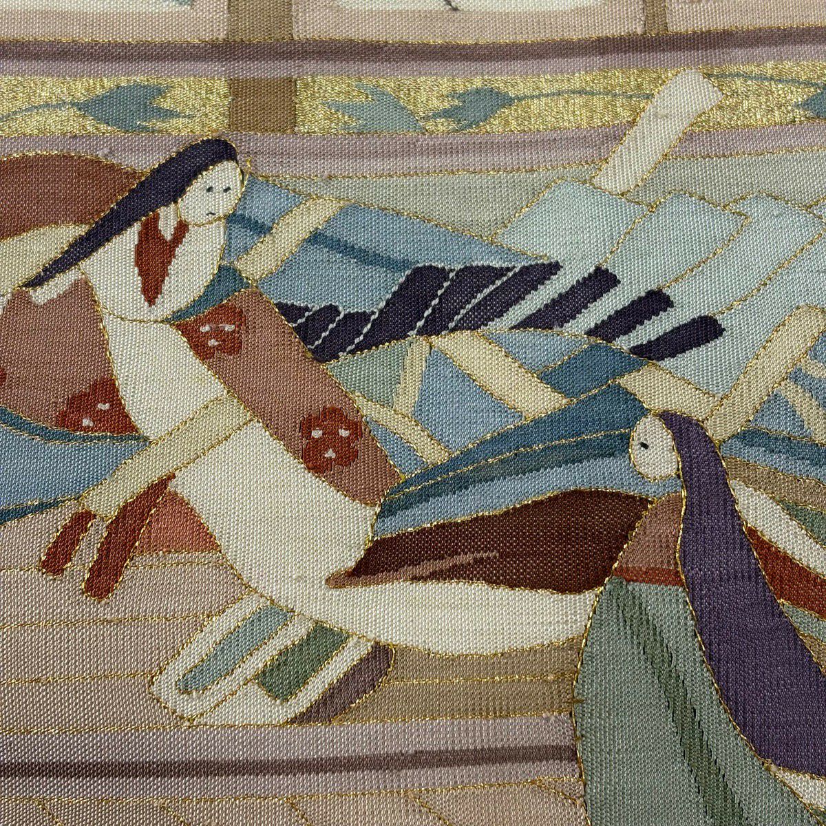 【美品】 袋帶 逸品級 御所風景 人物 金絲 綴織 薄小豆 お太鼓柄 純蠶絲