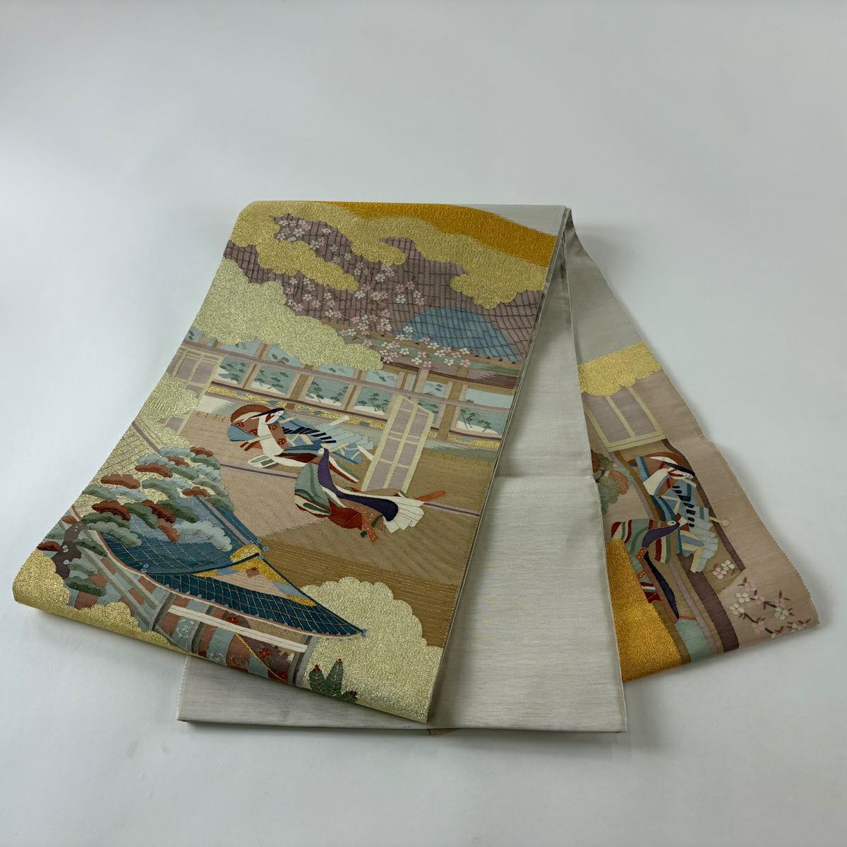 【美品】 袋帶 逸品級 御所風景 人物 金絲 綴織 薄小豆 お太鼓柄 純蠶絲