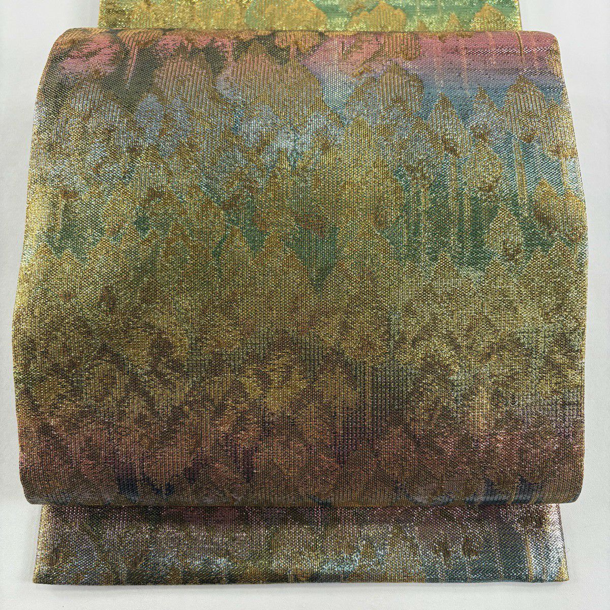 【美品】 袋帶 逸品級 佐波理 落款あり 共箱付き 樹木 段縞 金糸 金金箔 金色 六通 純蠶絲