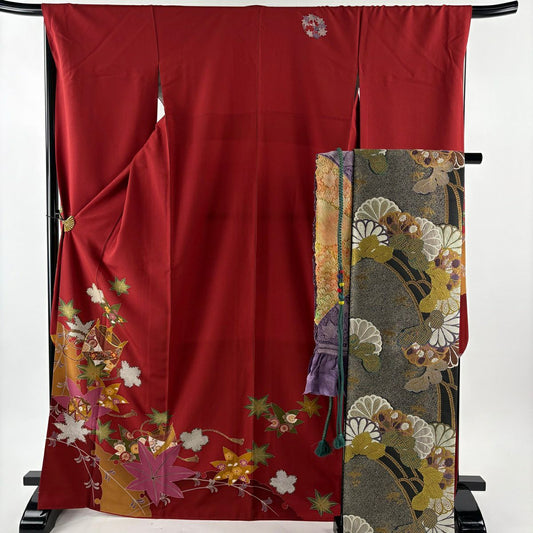 振袖禮服 身長169cm 袖長68cm L 雙層 袋帶全套 糸卷 櫻花 金絲 金銀彩 深紅 純蠶絲 優品級