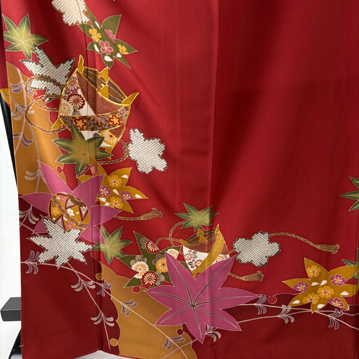 振袖禮服 身長169cm 袖長68cm L 雙層 袋帶全套 糸卷 櫻花 金絲 金銀彩 深紅 純蠶絲 優品級