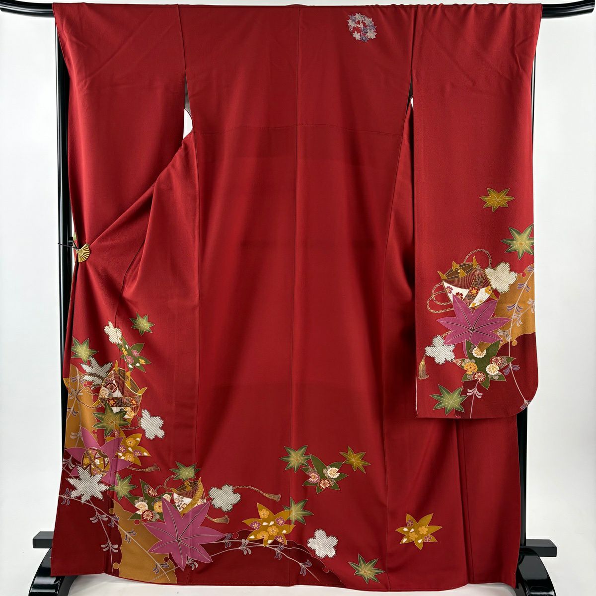 振袖禮服 身長169cm 袖長68cm L 雙層 袋帶全套 糸卷 櫻花 金絲 金銀彩 深紅 純蠶絲 優品級