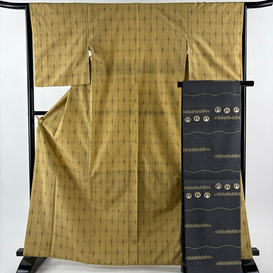 紬織 身長165cm 袖長64.5cm M 雙層 袋帶套裝 手機紬織 十日町絣 證書齊全 燕 縱條 薄黃土色 純蠶絲 名品級