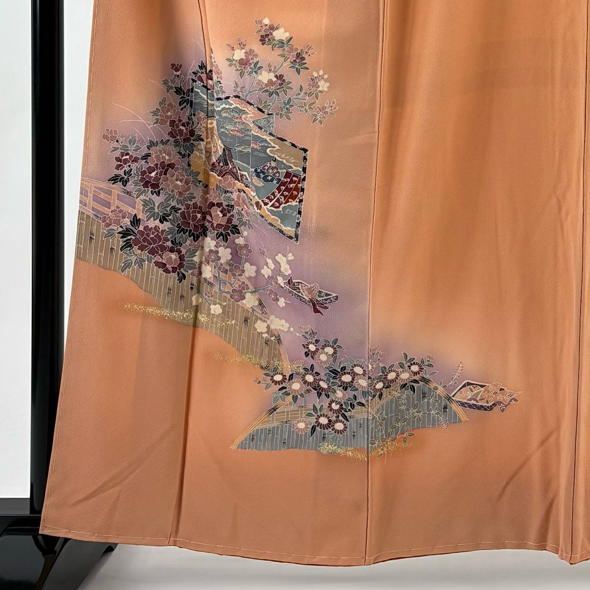 付下 身長161cm 袖長64.5cm M 雙層 屏風 牡丹 金銀彩 漸層 橙色 純蠶絲 優品級