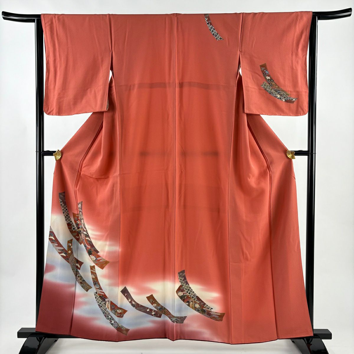 訪問服 身長158.5cm 袖長63.5cm S 雙層 短冊 霞 金銀彩 漸層 鮭粉色 純蠶絲 優品級