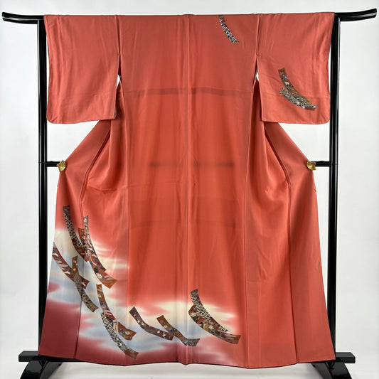 訪問服 身長158.5cm 袖長63.5cm S 雙層 短冊 霞 金銀彩 漸層 鮭粉色 純蠶絲 優品級
