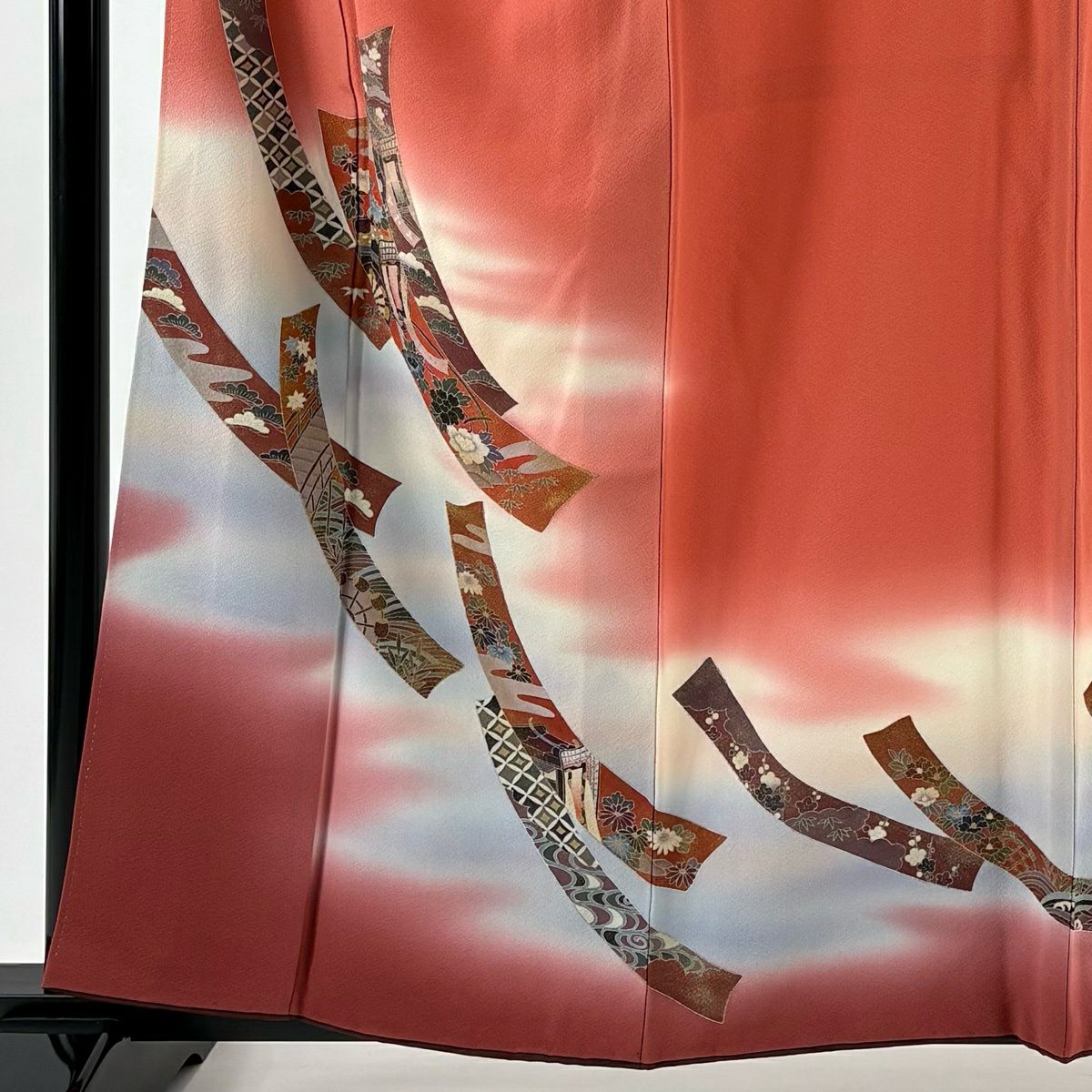 訪問服 身長158.5cm 袖長63.5cm S 雙層 短冊 霞 金銀彩 漸層 鮭粉色 純蠶絲 優品級