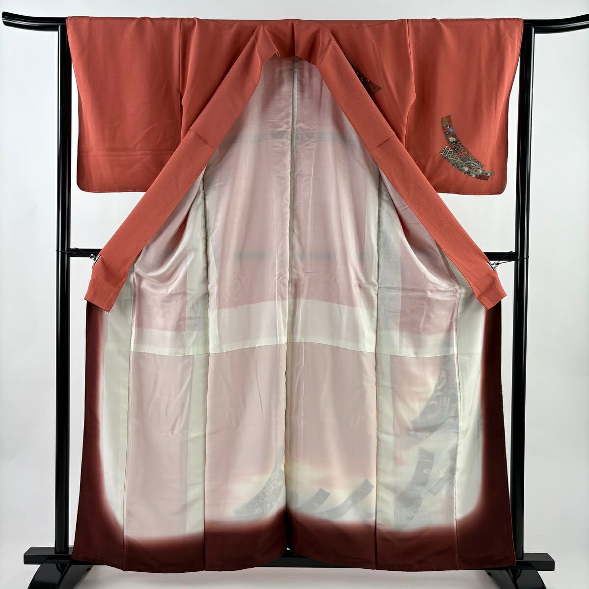 訪問服 身長158.5cm 袖長63.5cm S 雙層 短冊 霞 金銀彩 漸層 鮭粉色 純蠶絲 優品級