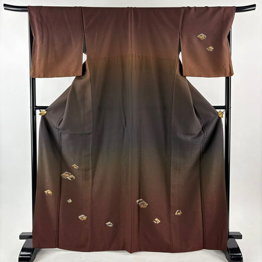 【美品】 付下 身長168.5cm 袖長67.5cm L 雙層 黃金絲 證書附帶 草花紋幾何圖案 金絲刺繡 紅茶 純蠶絲 逸品級