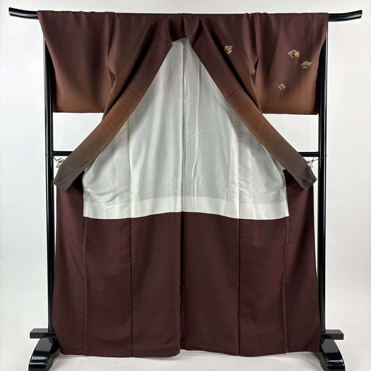 【美品】 付下 身長168.5cm 袖長67.5cm L 雙層 黃金絲 證書附帶 草花紋幾何圖案 金絲刺繡 紅茶 純蠶絲 逸品級