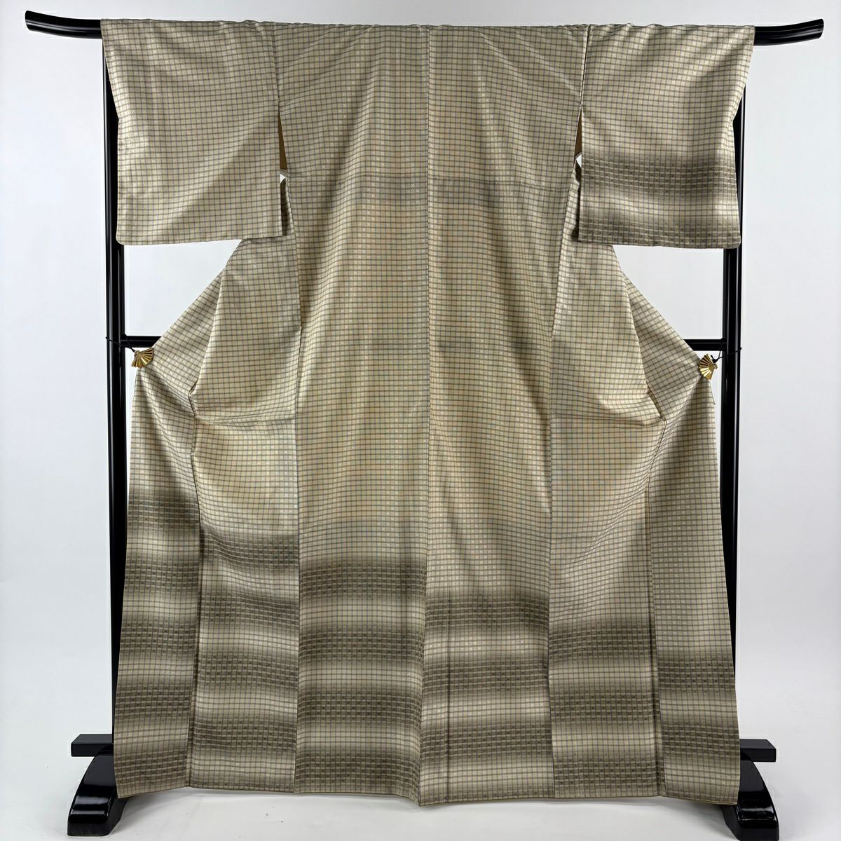 【美品】 付下 身長170cm 袖長68.5cm L 雙層 紬織織 格子 花織 米色 純蠶絲 逸品級