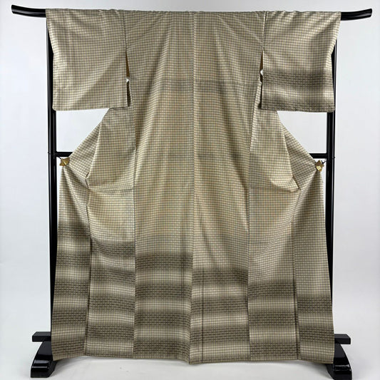 【美品】 付下 身長170cm 袖長68.5cm L 雙層 紬織織 格子 花織 米色 純蠶絲 逸品級