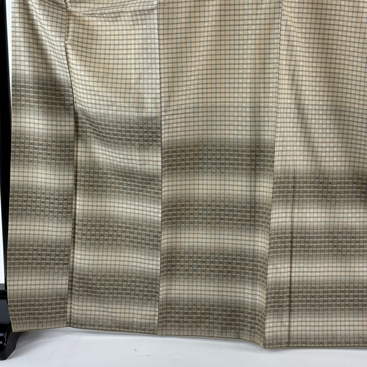 【美品】 付下 身長170cm 袖長68.5cm L 雙層 紬織織 格子 花織 米色 純蠶絲 逸品級