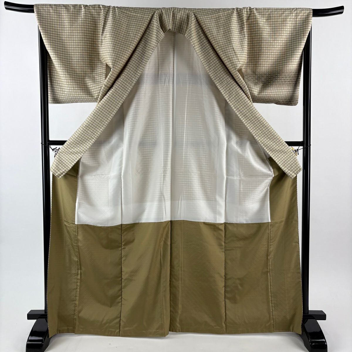 【美品】 付下 身長170cm 袖長68.5cm L 雙層 紬織織 格子 花織 米色 純蠶絲 逸品級