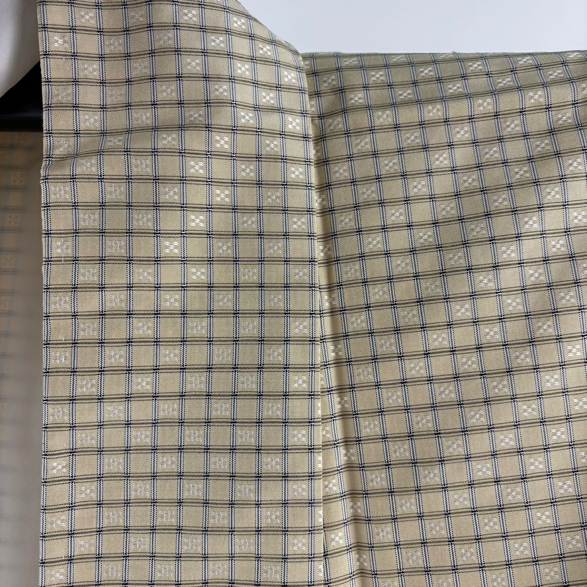 【美品】 付下 身長170cm 袖長68.5cm L 雙層 紬織織 格子 花織 米色 純蠶絲 逸品級