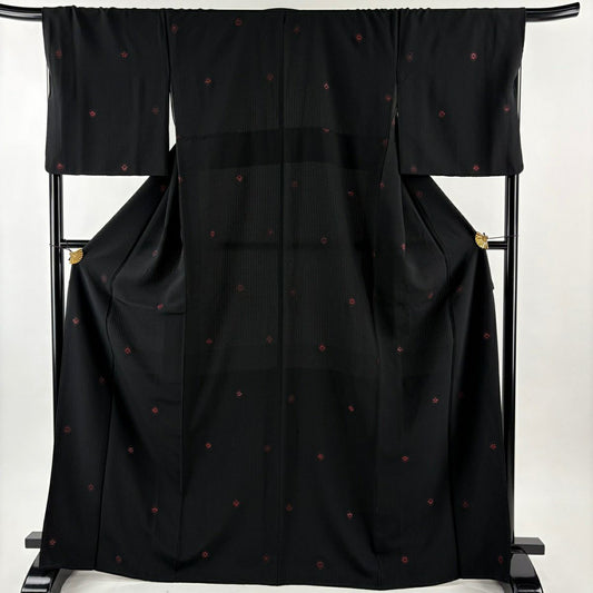 【美品】 小紋 身長168.5cm 袖長69cm L 雙層 越後染印傳 落款 花紋 地紋 黑 純蠶絲 逸品級