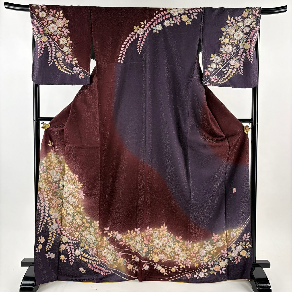訪問服 身長170.5cm 袖長67.5cm L 雙層 德永憲峯 落款あり 辻花染 金通し 金銀彩 茶紫 純蠶絲 逸品級
