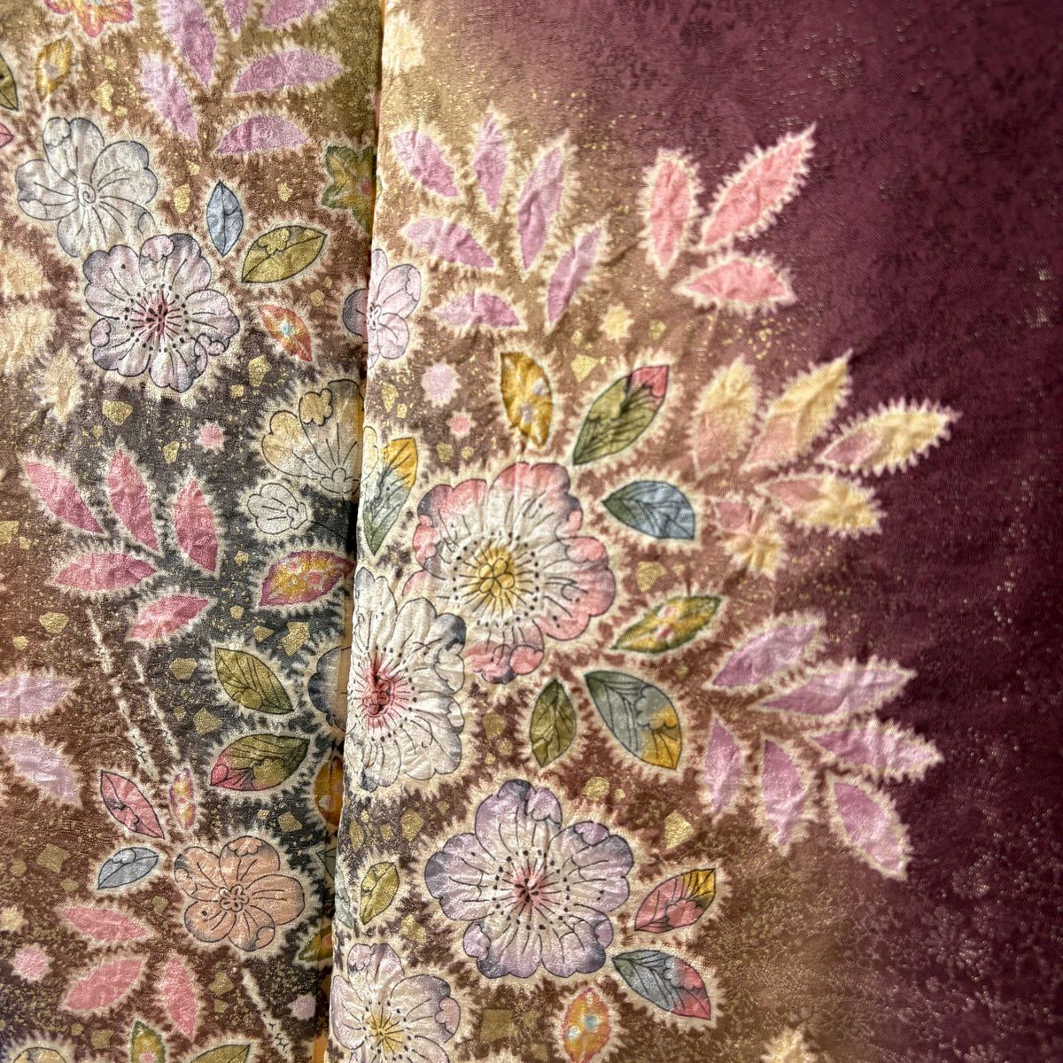 訪問服 身長170.5cm 袖長67.5cm L 雙層 德永憲峯 落款あり 辻花染 金通し 金銀彩 茶紫 純蠶絲 逸品級