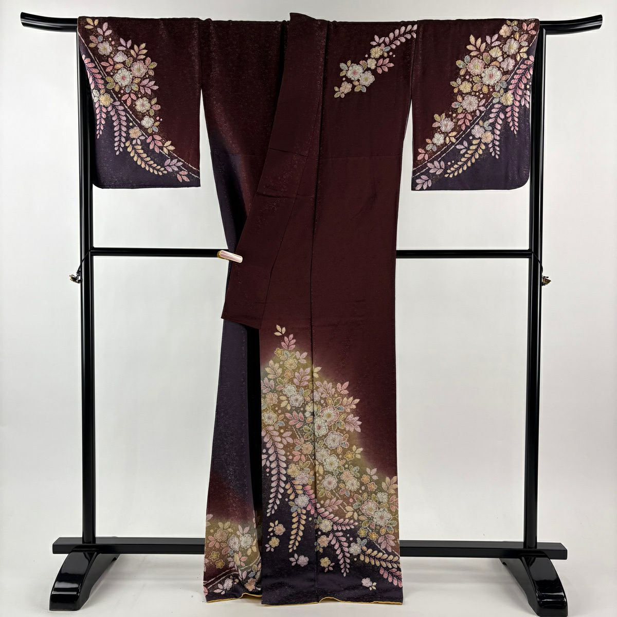 訪問服 身長170.5cm 袖長67.5cm L 雙層 德永憲峯 落款あり 辻花染 金通し 金銀彩 茶紫 純蠶絲 逸品級
