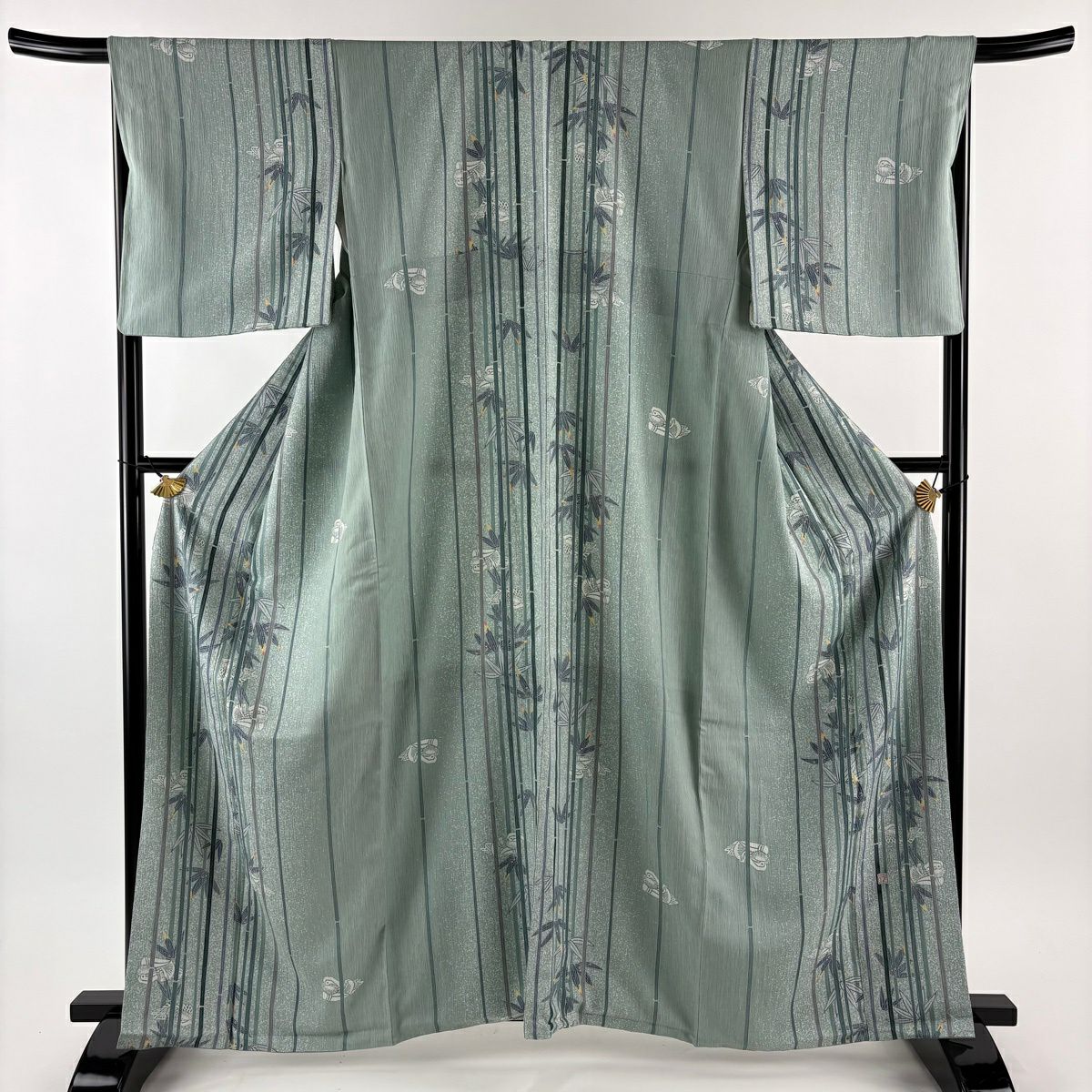 【美品】 小紋 身長164cm 袖長67.5cm L 雙層 TOKI et TOKI 落款あり 笹 鴛鴦 薄綠 純蠶絲 逸品級