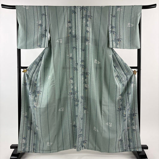 【美品】 小紋 身長164cm 袖長67.5cm L 雙層 TOKI et TOKI 落款あり 笹 鴛鴦 薄綠 純蠶絲 逸品級