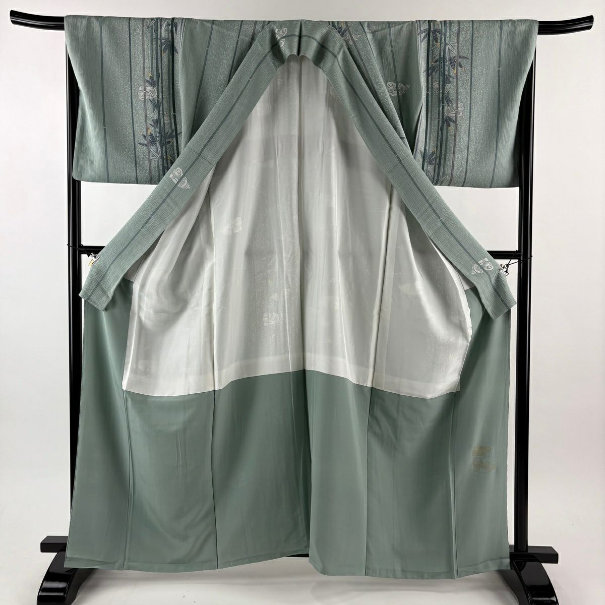【美品】 小紋 身長164cm 袖長67.5cm L 雙層 TOKI et TOKI 落款あり 笹 鴛鴦 薄綠 純蠶絲 逸品級