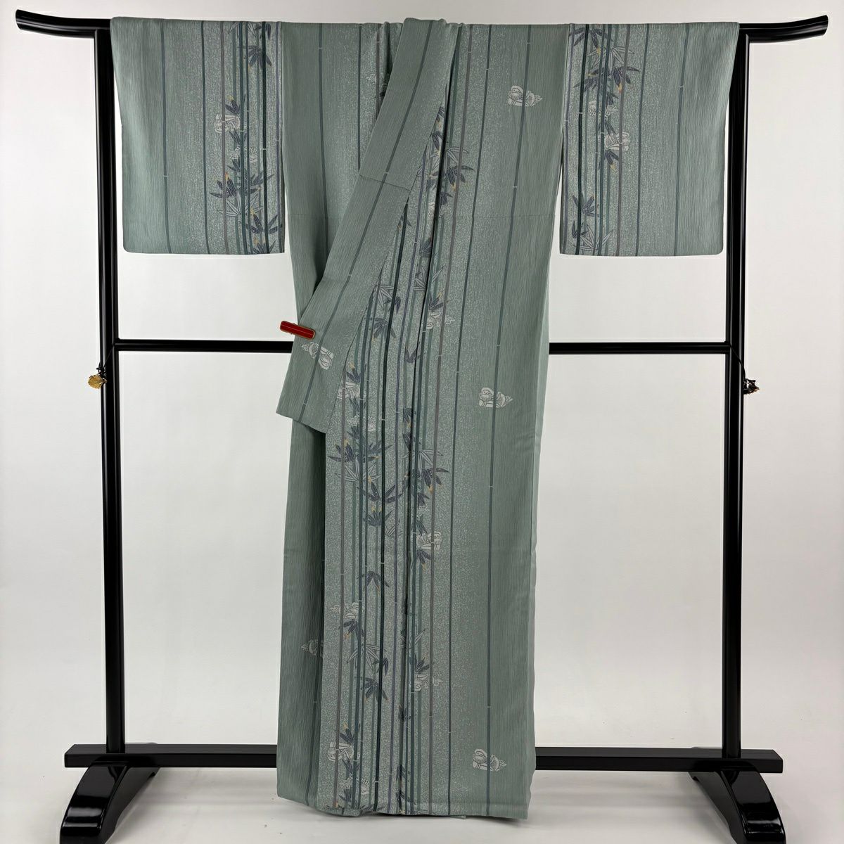 【美品】 小紋 身長164cm 袖長67.5cm L 雙層 TOKI et TOKI 落款あり 笹 鴛鴦 薄綠 純蠶絲 逸品級