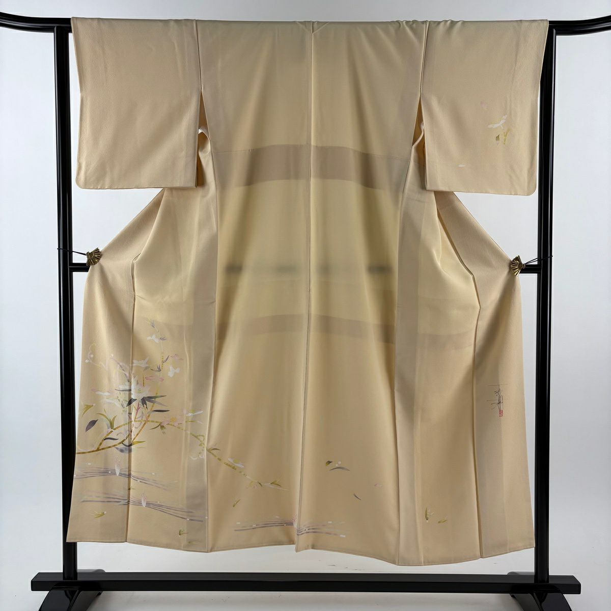 【美品】 付下 身長150.5cm 袖長63.5cm S 雙層 百貫石峰 落款 草花紋紋 米色 純蠶絲 逸品級