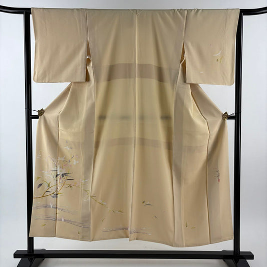 【美品】 付下 身長150.5cm 袖長63.5cm S 雙層 百貫石峰 落款 草花紋紋 米色 純蠶絲 逸品級