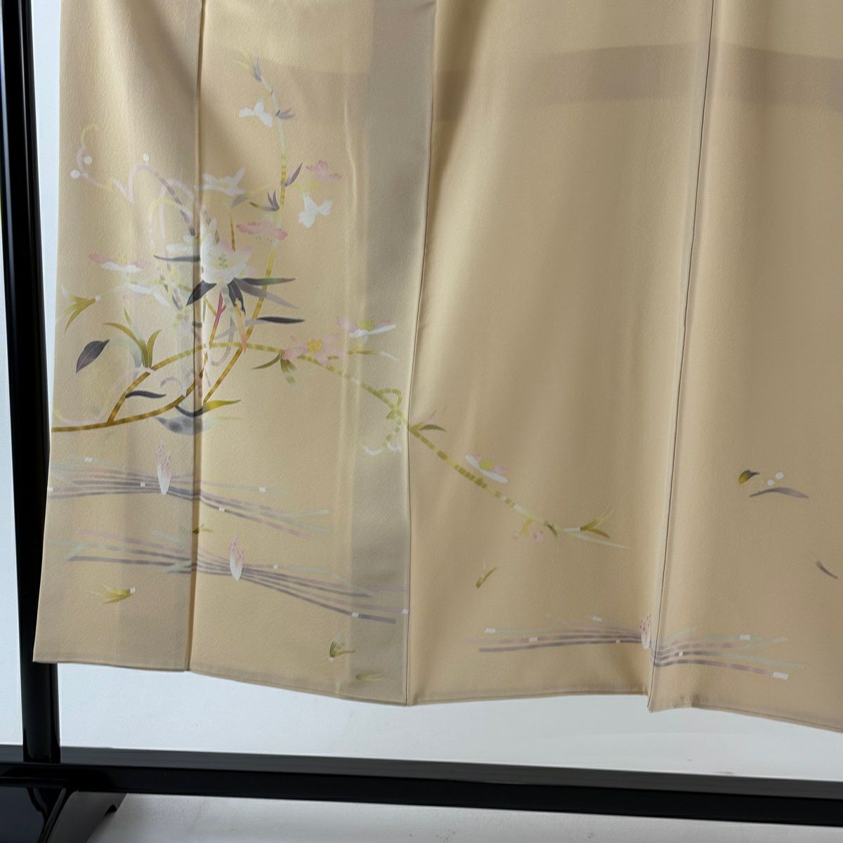 【美品】 付下 身長150.5cm 袖長63.5cm S 雙層 百貫石峰 落款 草花紋紋 米色 純蠶絲 逸品級