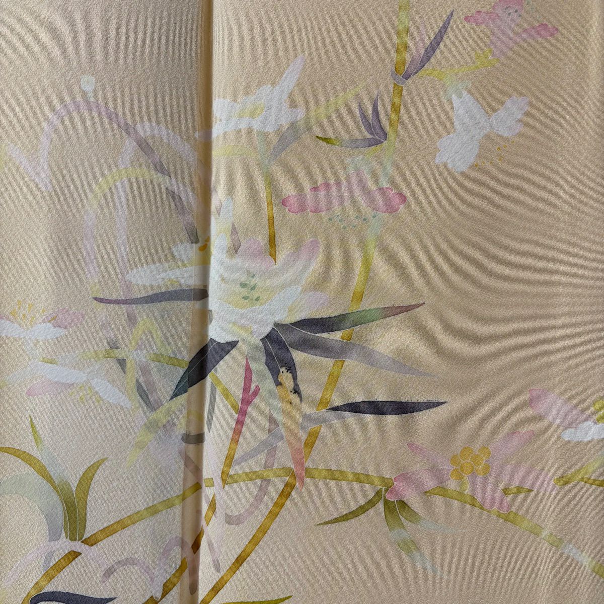 【美品】 付下 身長150.5cm 袖長63.5cm S 雙層 百貫石峰 落款 草花紋紋 米色 純蠶絲 逸品級