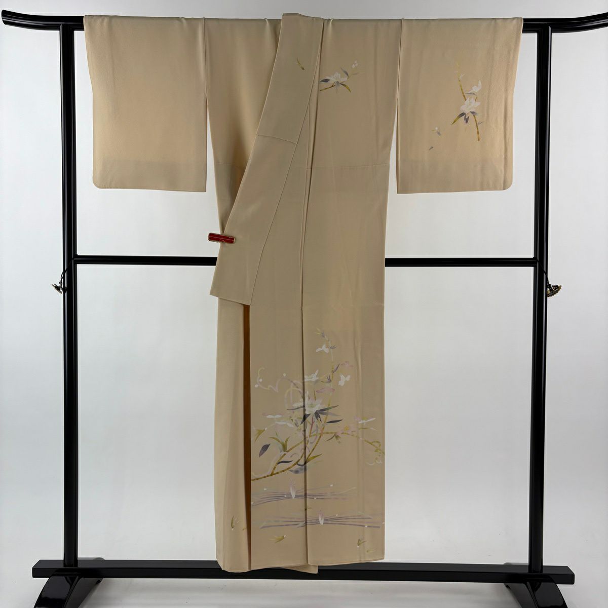 【美品】 付下 身長150.5cm 袖長63.5cm S 雙層 百貫石峰 落款 草花紋紋 米色 純蠶絲 逸品級