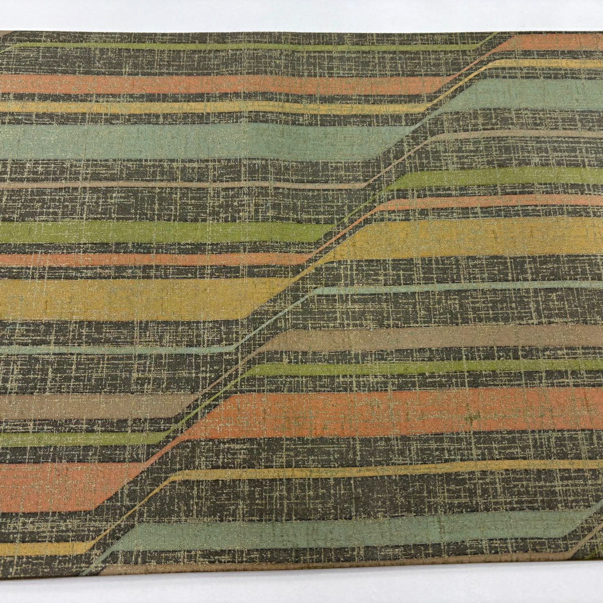 【美品】 袋帶 逸品級 落款 牛首紬織織地 縞 幾何學 金彩裝飾 茶綠 全通 純蠶絲