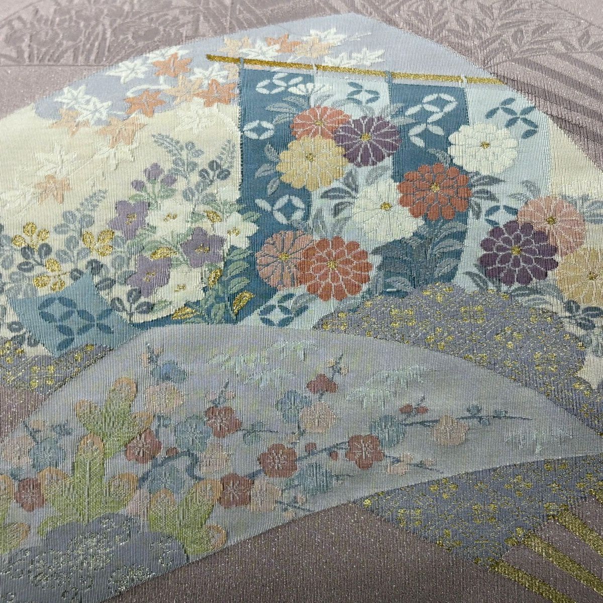 【美品】 袋帶 逸品級 落款あり 北尾織物 加賀扇子面紋 扇子 秋草 金銀彩 薄紫 お太鼓柄 純蠶絲