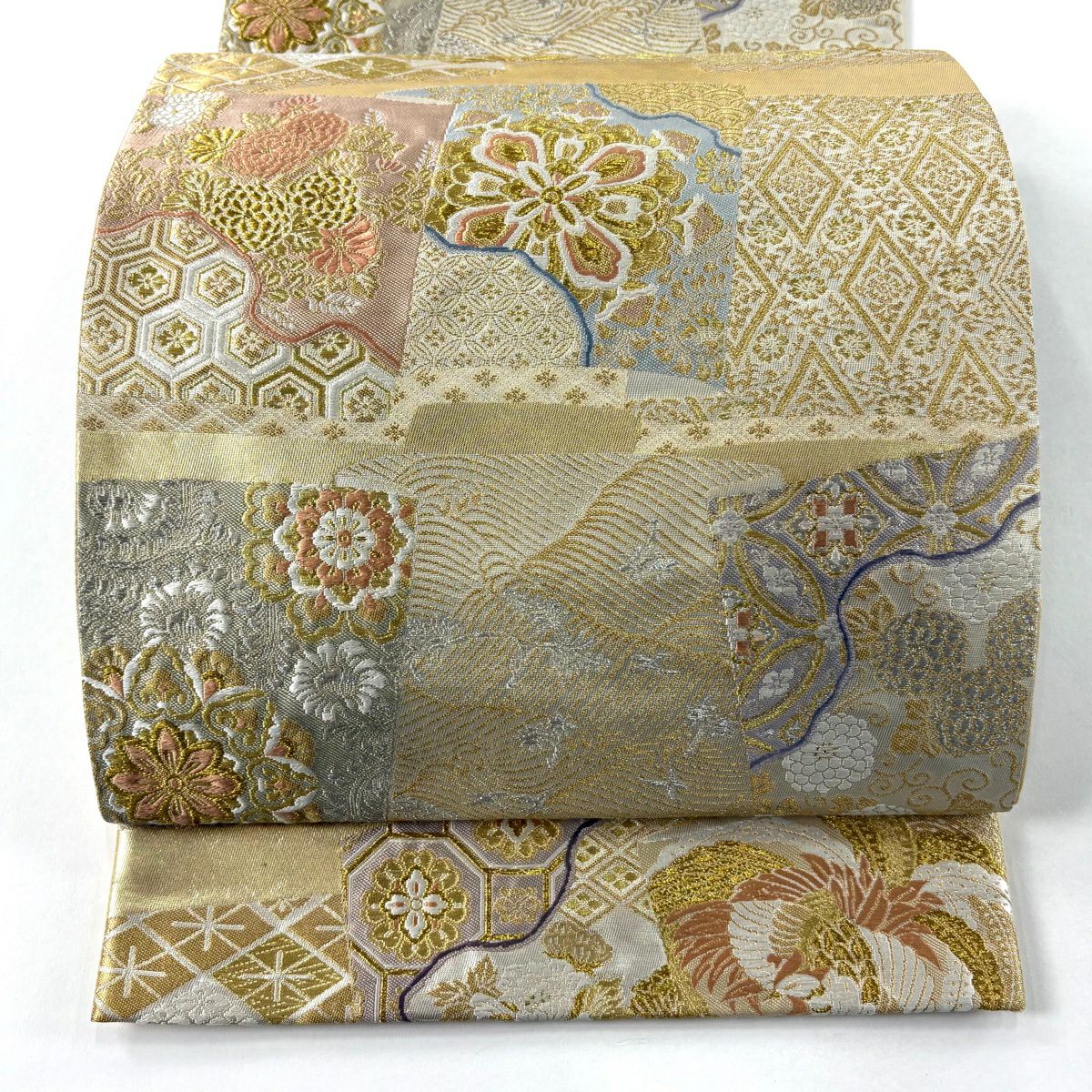袋帶 逸品級 附有落款 篠谷宗兵衛 華紋 花鳥 金銀彩 刺繡 金色 六通 純蠶絲