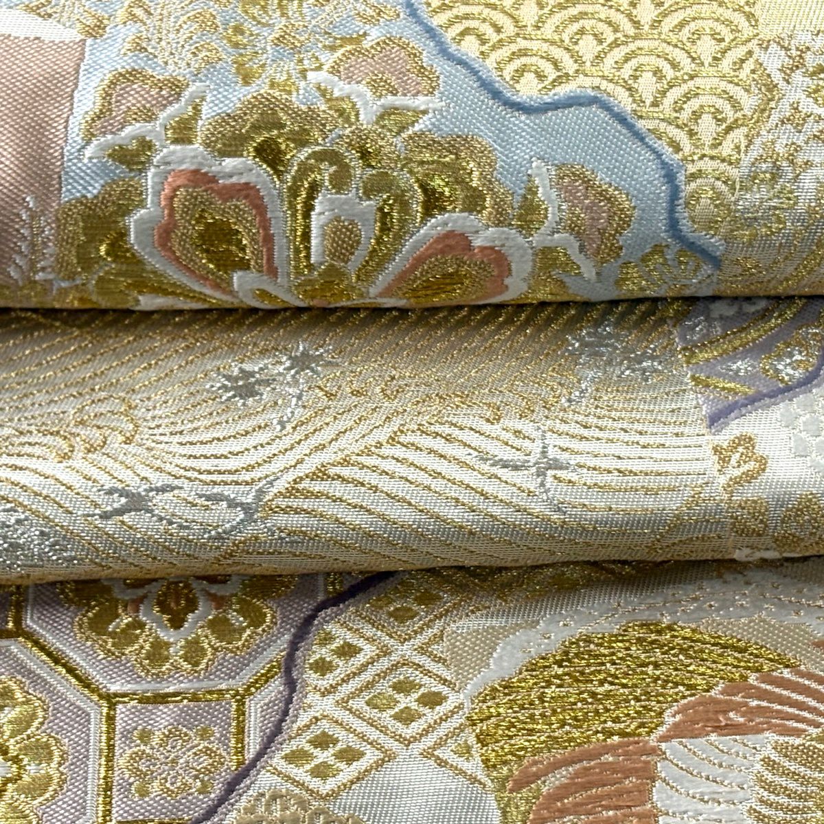 袋帶 逸品級 附有落款 篠谷宗兵衛 華紋 花鳥 金銀彩 刺繡 金色 六通 純蠶絲