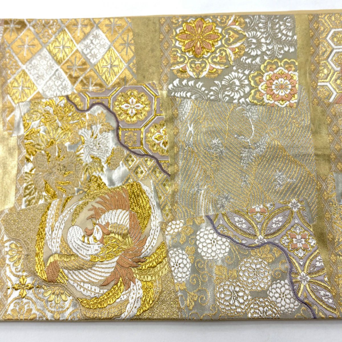 袋帶 逸品級 附有落款 篠谷宗兵衛 華紋 花鳥 金銀彩 刺繡 金色 六通 純蠶絲