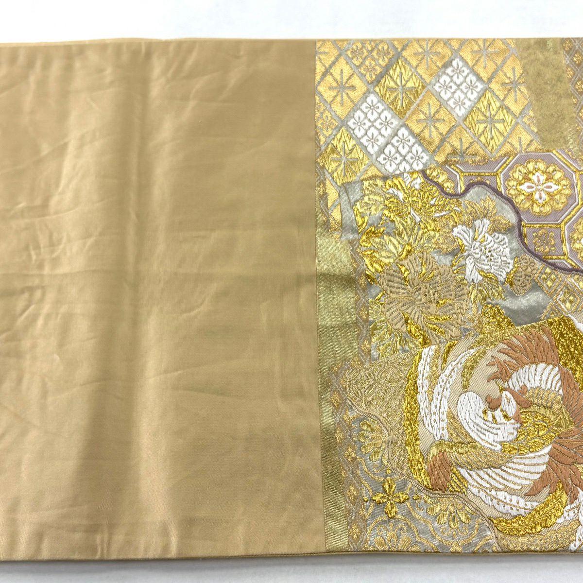袋帶 逸品級 附有落款 篠谷宗兵衛 華紋 花鳥 金銀彩 刺繡 金色 六通 純蠶絲