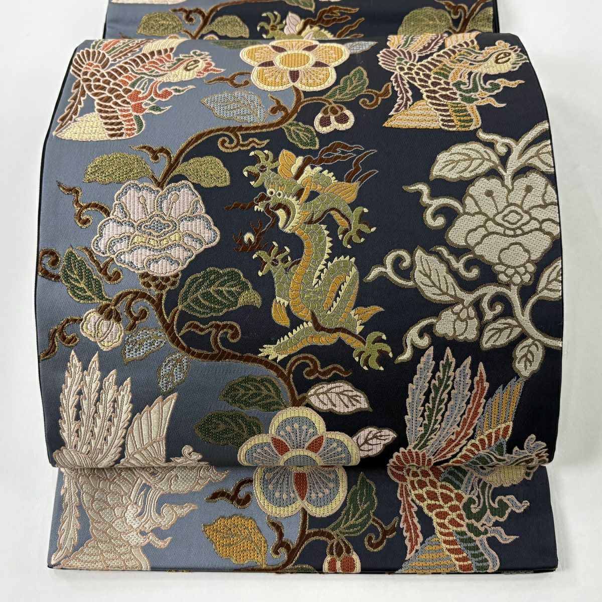 【美品】 袋帶 逸品級 龍 花鳥 金金箔 刺繡 黑 六通 純蠶絲
