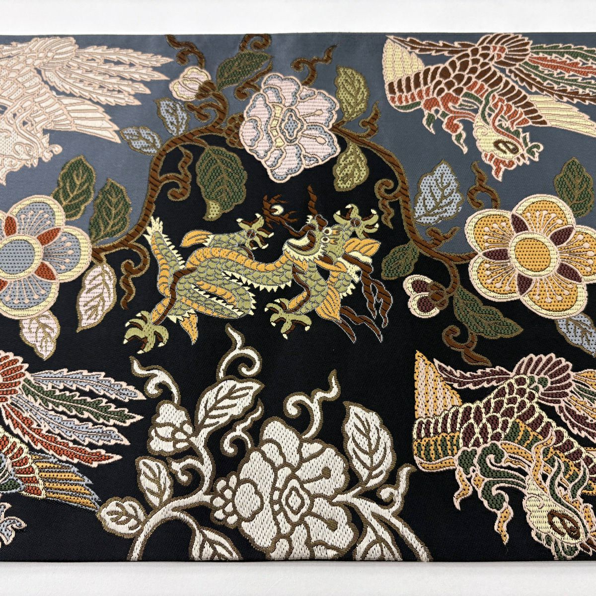 【美品】 袋帶 逸品級 龍 花鳥 金金箔 刺繡 黑 六通 純蠶絲