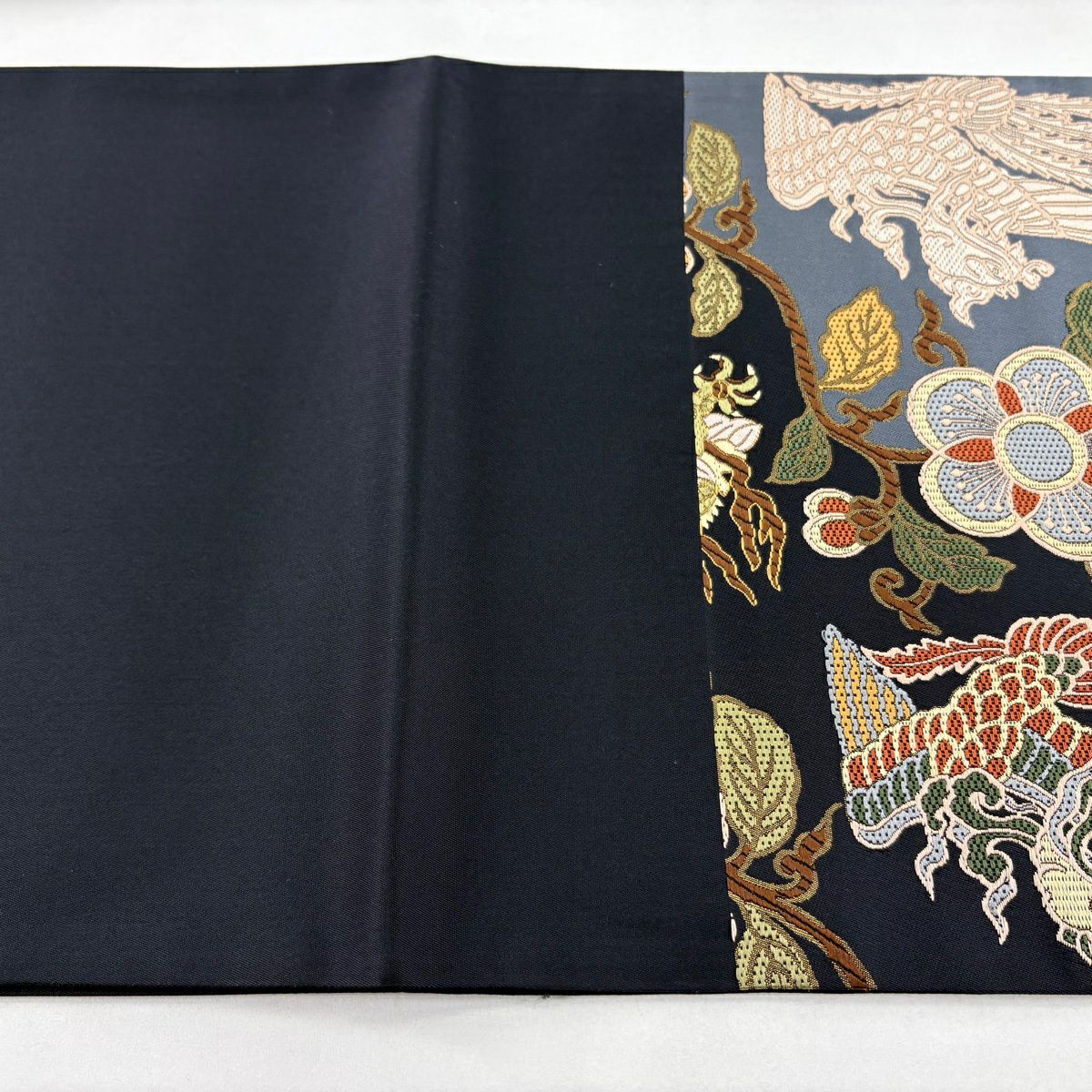 【美品】 袋帶 逸品級 龍 花鳥 金金箔 刺繡 黑 六通 純蠶絲