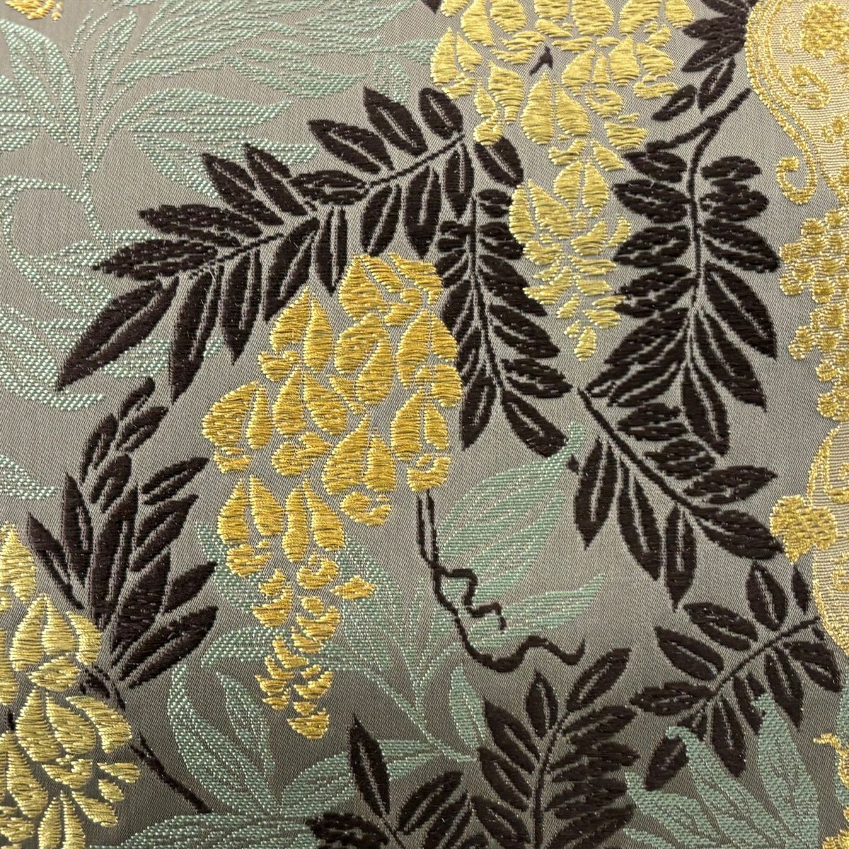 【美品】 袋帶 逸品級 山口美術織物 落款あり 藤與葡萄唐草紋紋 金線 刺繡 灰茶 六通 純蠶絲