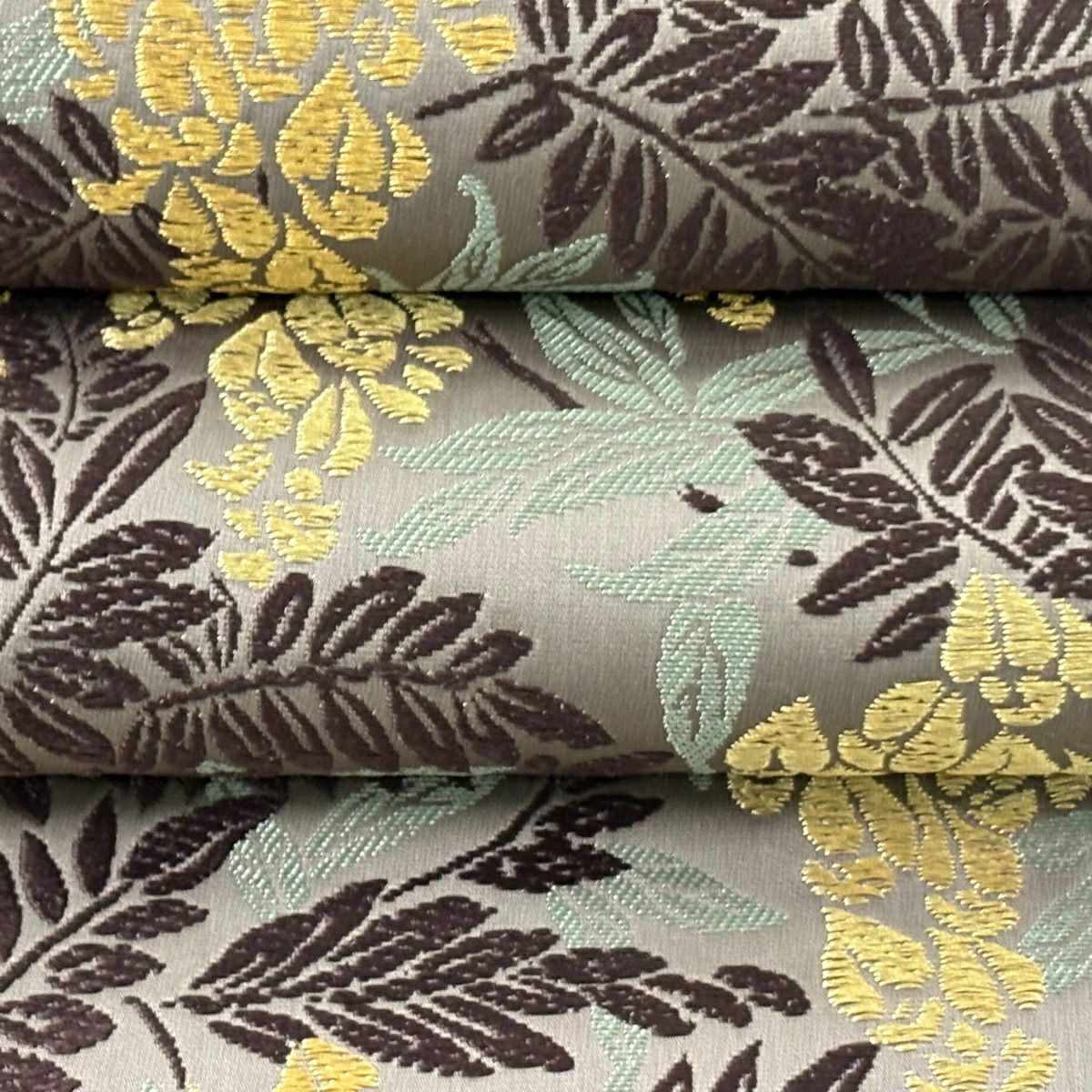 【美品】 袋帶 逸品級 山口美術織物 落款あり 藤與葡萄唐草紋紋 金線 刺繡 灰茶 六通 純蠶絲