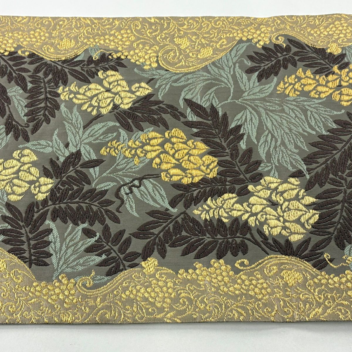 【美品】 袋帶 逸品級 山口美術織物 落款あり 藤與葡萄唐草紋紋 金線 刺繡 灰茶 六通 純蠶絲